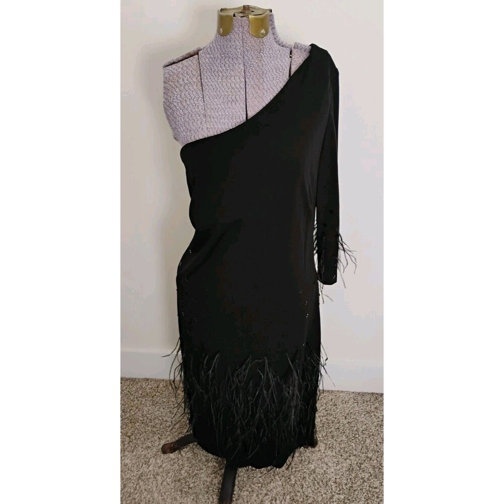 KIR Evening Gown Dress Women's Black Knit Midi Sequin Feather sz 14 Elegant